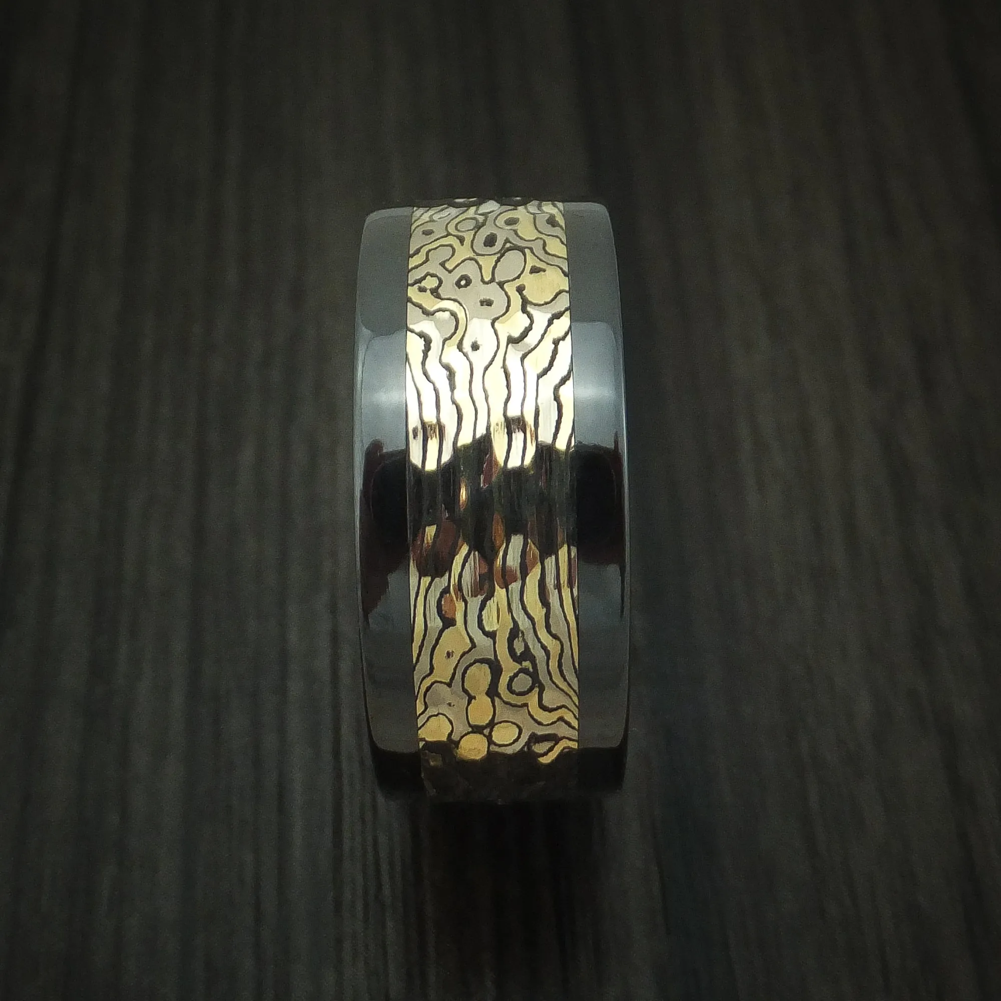 Black Zirconium and Yellow Gold Mokume Shakudo Hammered Men's Ring Custom Made Band