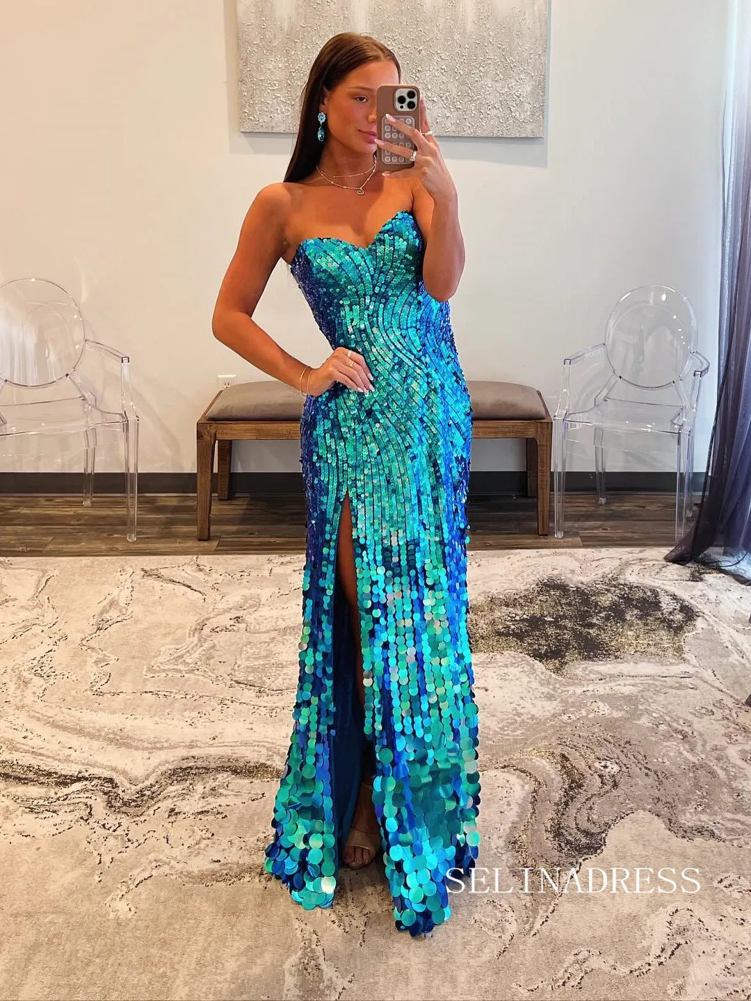 Blue Sequins Mermaid Sweetheart Long Prom Dress With Split SEW1257