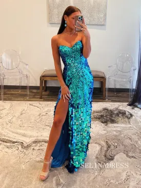Blue Sequins Mermaid Sweetheart Long Prom Dress With Split SEW1257