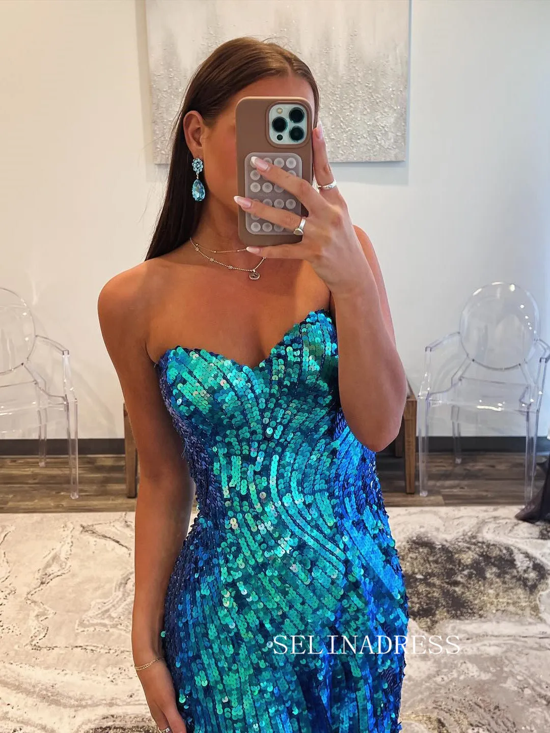 Blue Sequins Mermaid Sweetheart Long Prom Dress With Split SEW1257