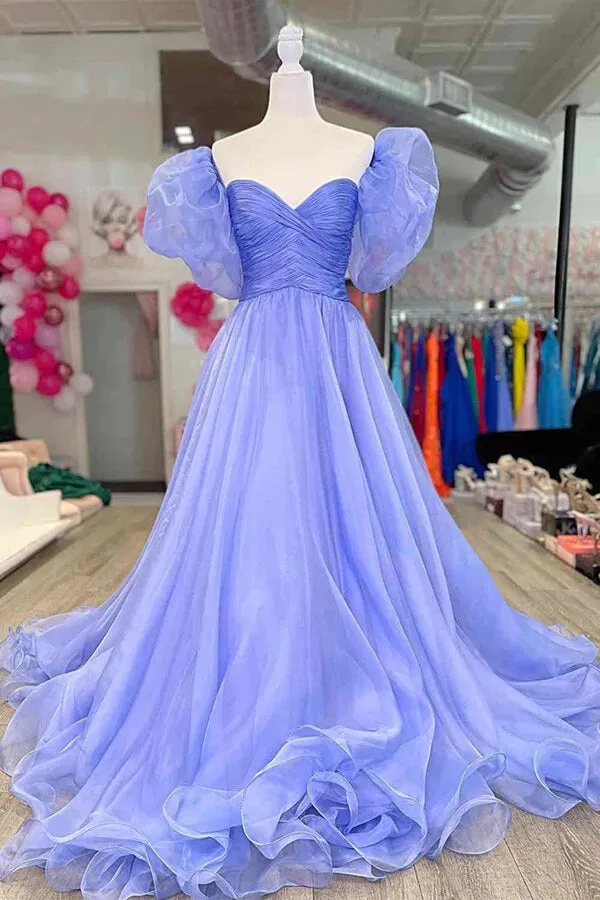Blue Tulle A-line Princess Puff Sleeves Pleated Prom Dresses, Evening Gown, SP860