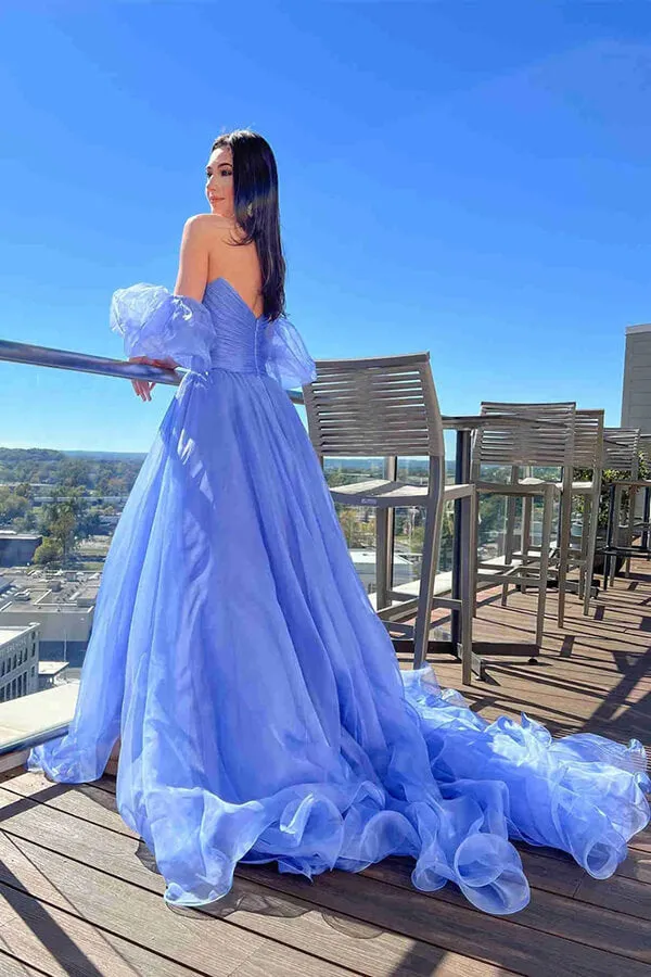 Blue Tulle A-line Princess Puff Sleeves Pleated Prom Dresses, Evening Gown, SP860