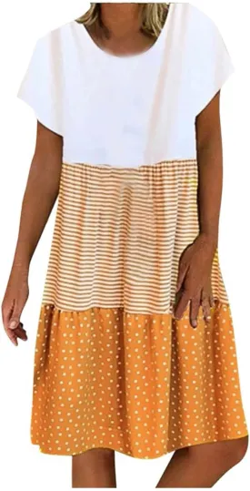 Boho Dresses for Women Trendy 2024 Casual Short Sleeve Summer Tshirt Dress Plus Size Color Block Swing Midi Sundress