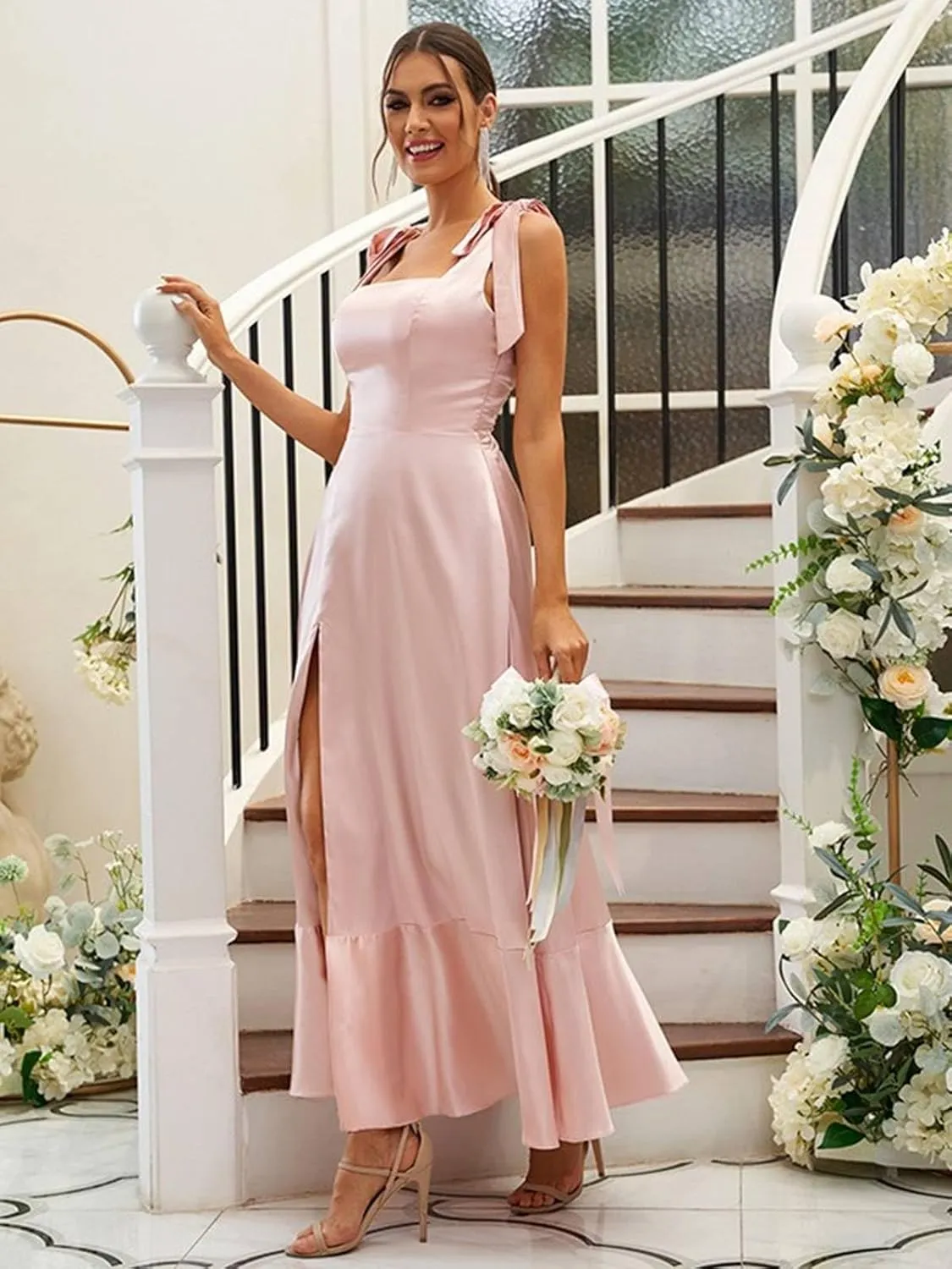 BONOYUER Satin Bridesmaid Dresses for Wedding Square Neck Ruffle Formal Evening Gown with Slit