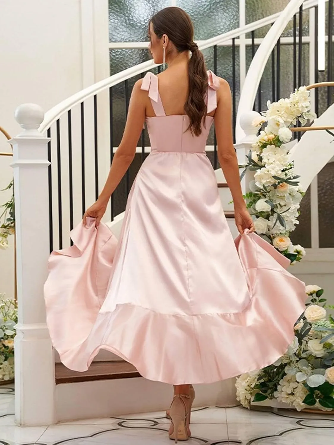 BONOYUER Satin Bridesmaid Dresses for Wedding Square Neck Ruffle Formal Evening Gown with Slit