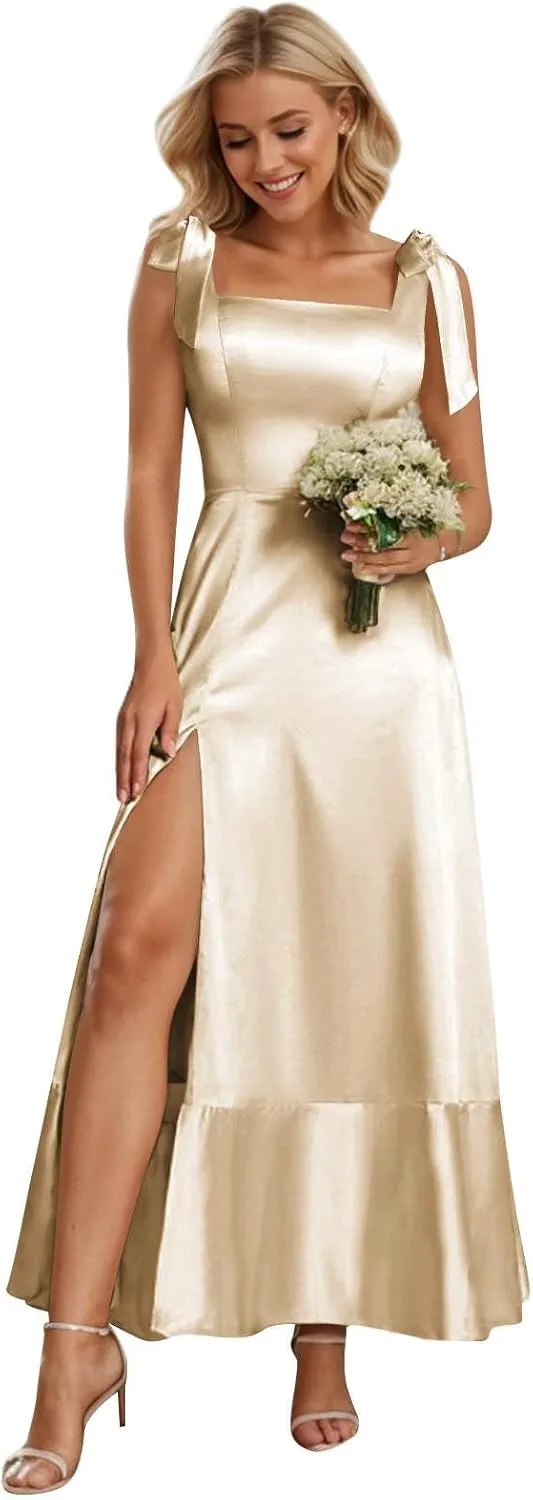 BONOYUER Satin Bridesmaid Dresses for Wedding Square Neck Ruffle Formal Evening Gown with Slit