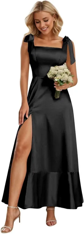 BONOYUER Satin Bridesmaid Dresses for Wedding Square Neck Ruffle Formal Evening Gown with Slit