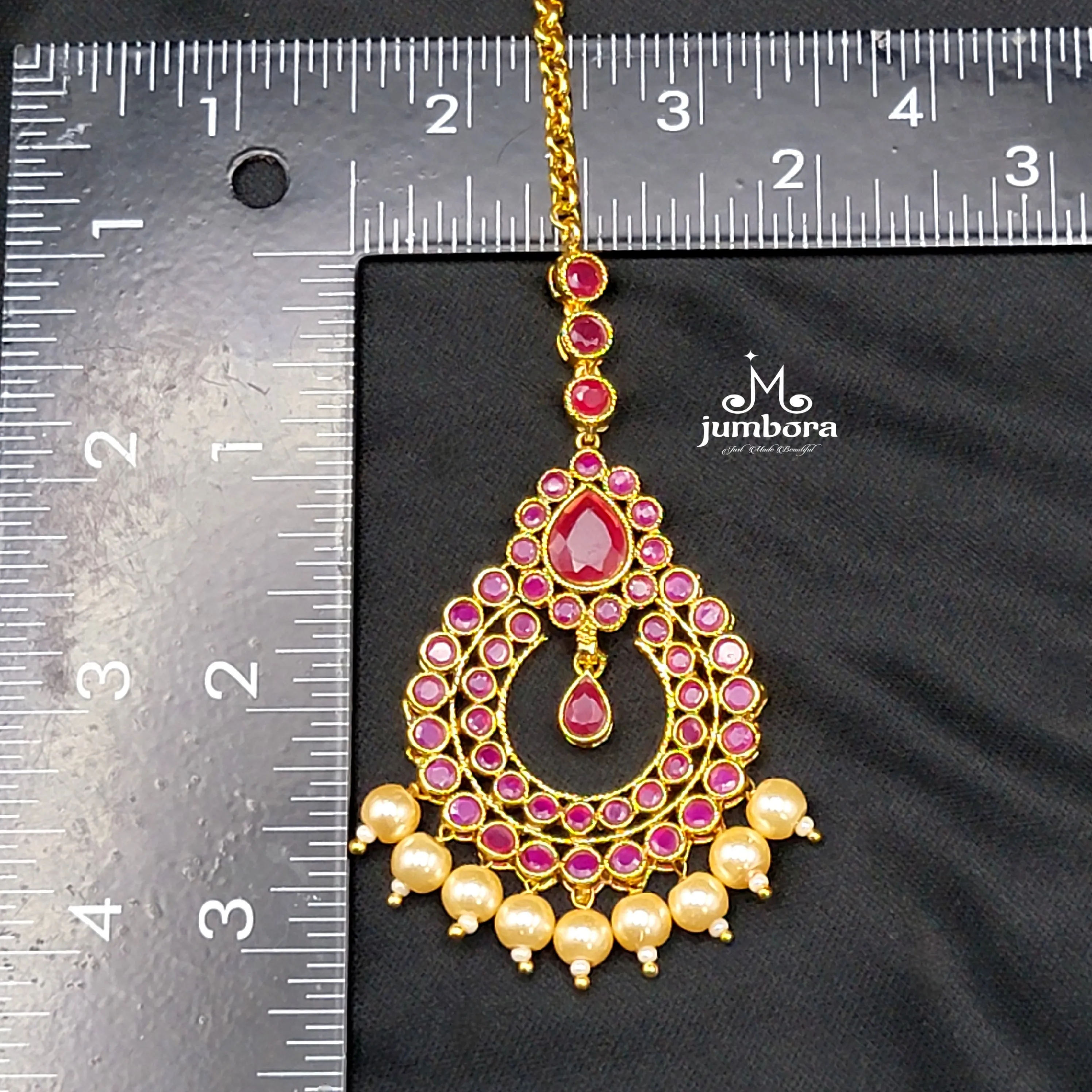 Bridal Red AD Zircon (CZ) Maang Tikka with Gold Dangles