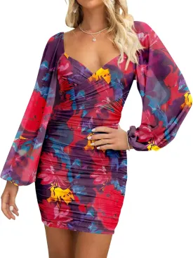 BTFBM 2025 Womens Summer Spring Bodycon Dress Cross V Neck Ruched Mesh Long Sleeve Party Short Formal Cocktail Dresses