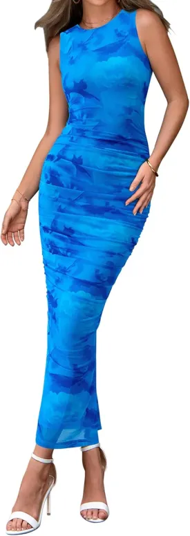 BTFBM Women Bodycon Maxi Dresses 2025 Summer Sleeveless Floral Ruched Slit Mesh Party Cocktail Wedding Guest Tank Dress