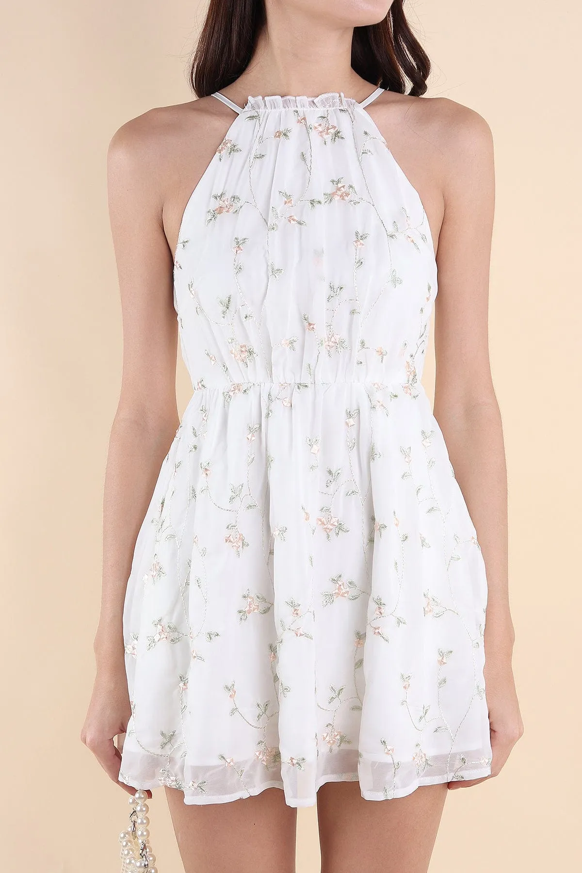 CAMELLIA HALTER MESH DRESS IN WHITE