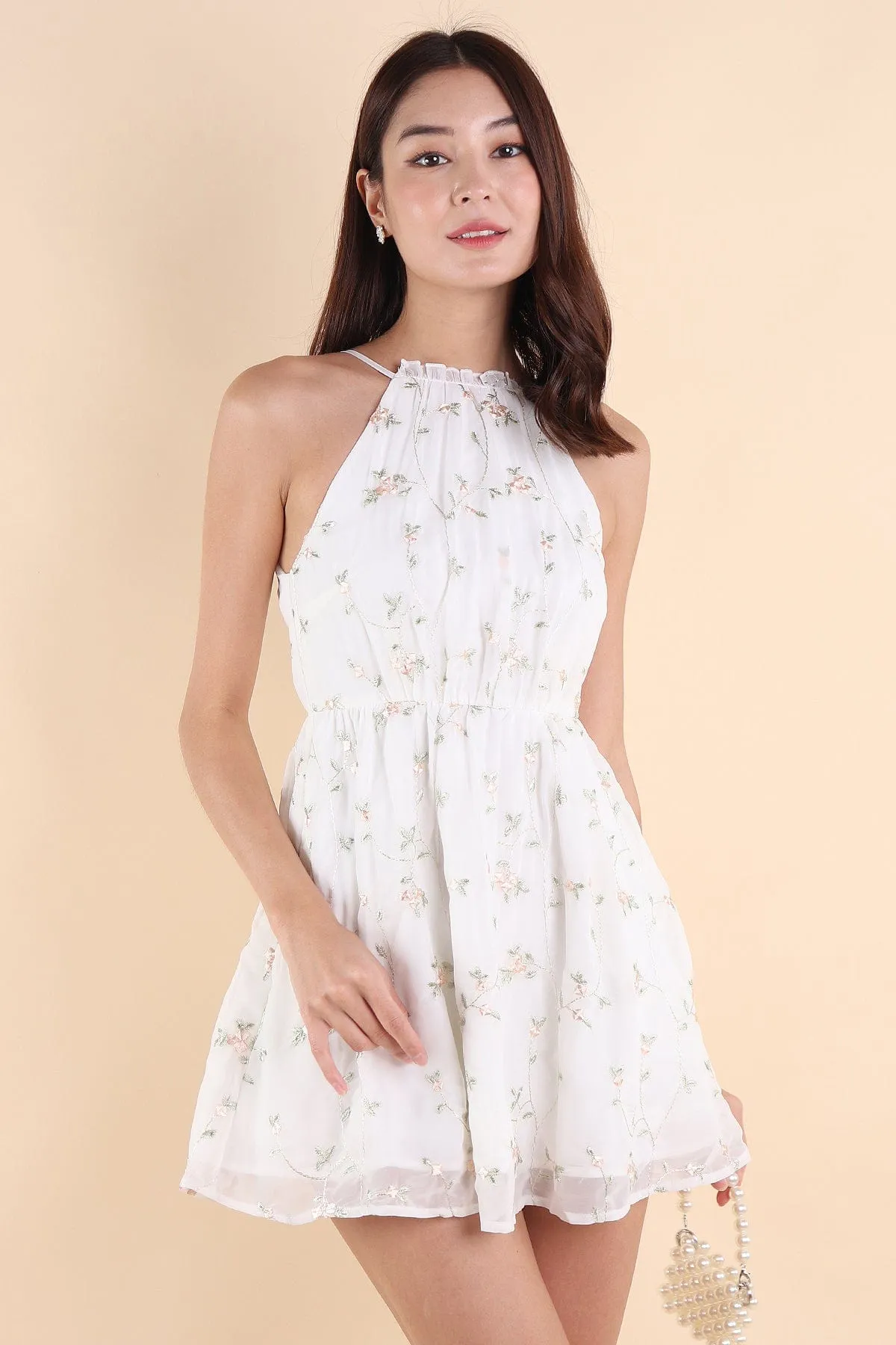 CAMELLIA HALTER MESH DRESS IN WHITE