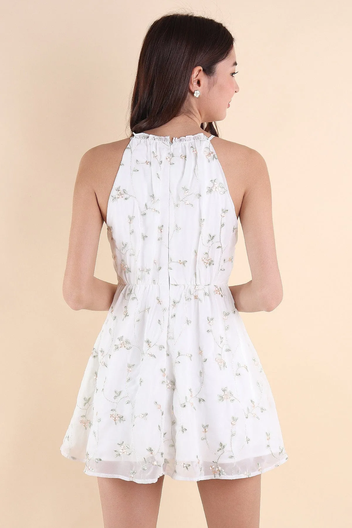 CAMELLIA HALTER MESH DRESS IN WHITE