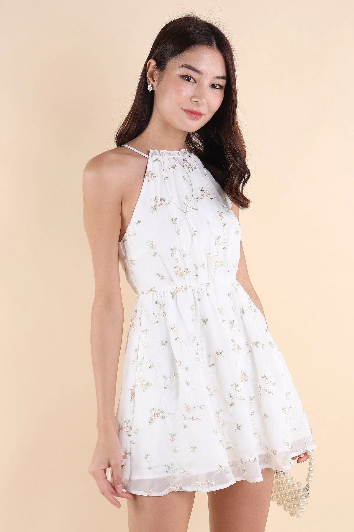 CAMELLIA HALTER MESH DRESS IN WHITE