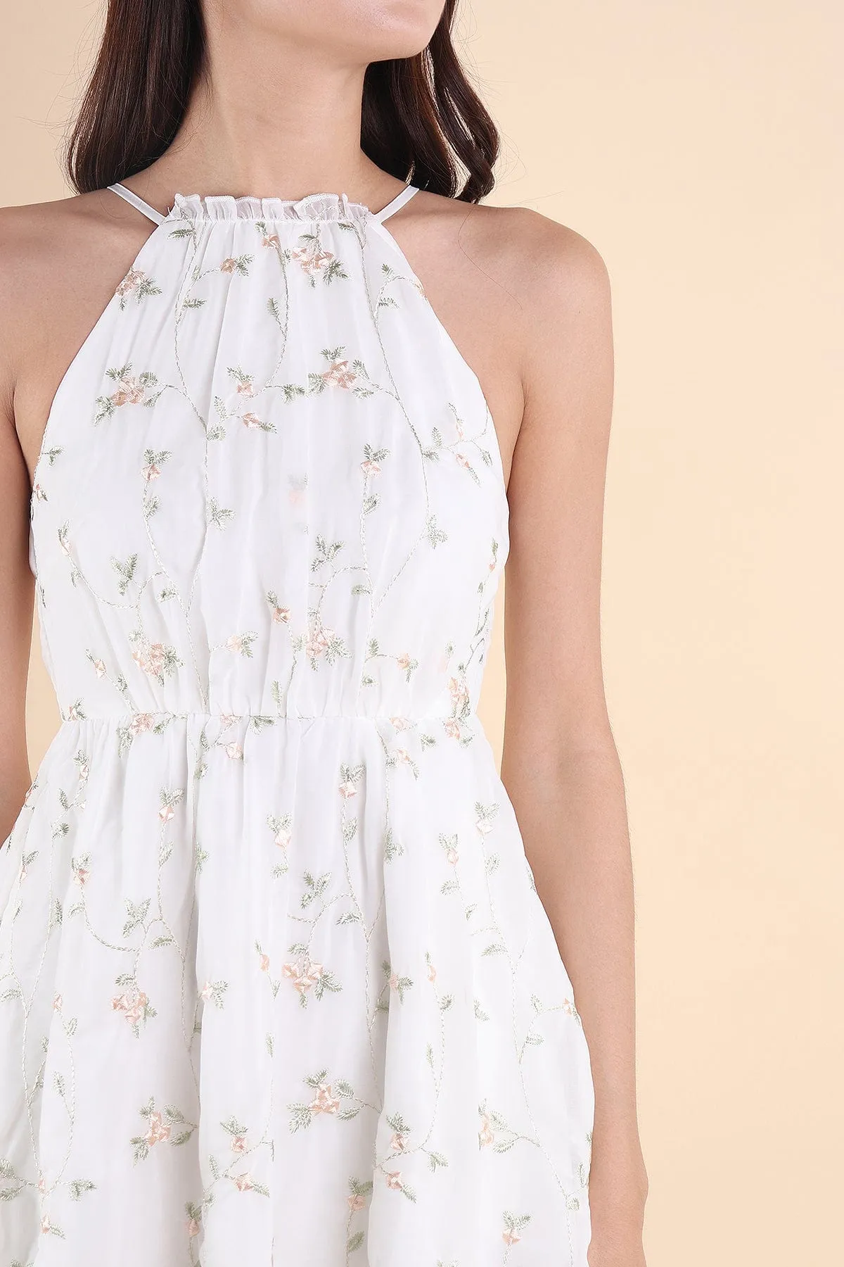 CAMELLIA HALTER MESH DRESS IN WHITE