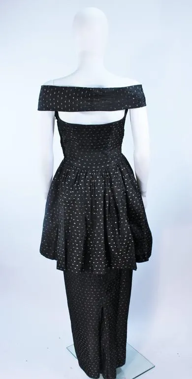 CEIL CHAPMAN Black and Gold Metallic Gown with Peplum Size 2-4
