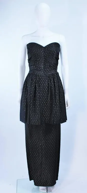 CEIL CHAPMAN Black and Gold Metallic Gown with Peplum Size 2-4
