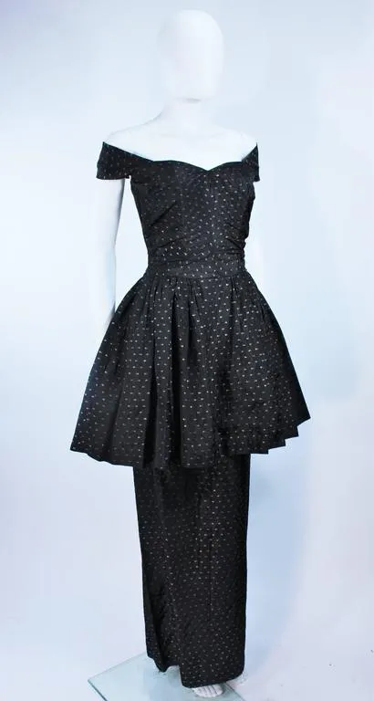CEIL CHAPMAN Black and Gold Metallic Gown with Peplum Size 2-4
