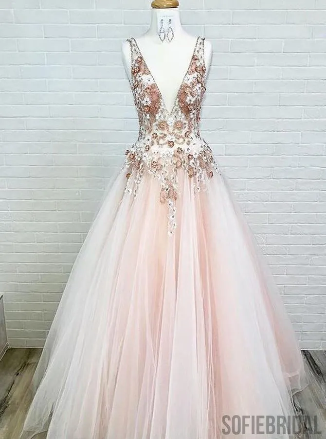 Charming A-Line V-Neck Floor-Length Appliques Beading Prom Dress, PD0066