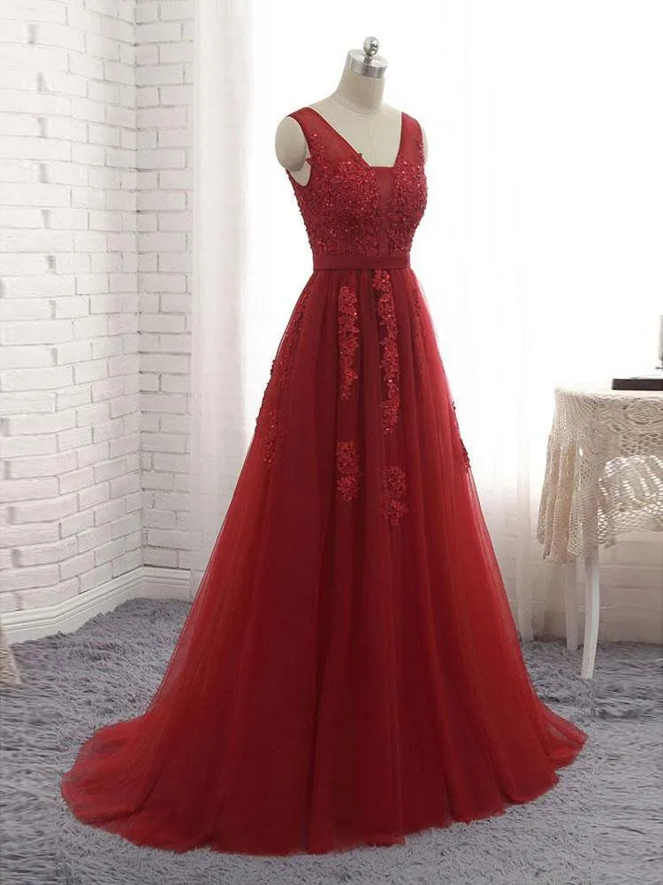 Charming Tulle V-neck Neckline Chapel Train A-line Prom Dresses With Beaded Appliques PD031