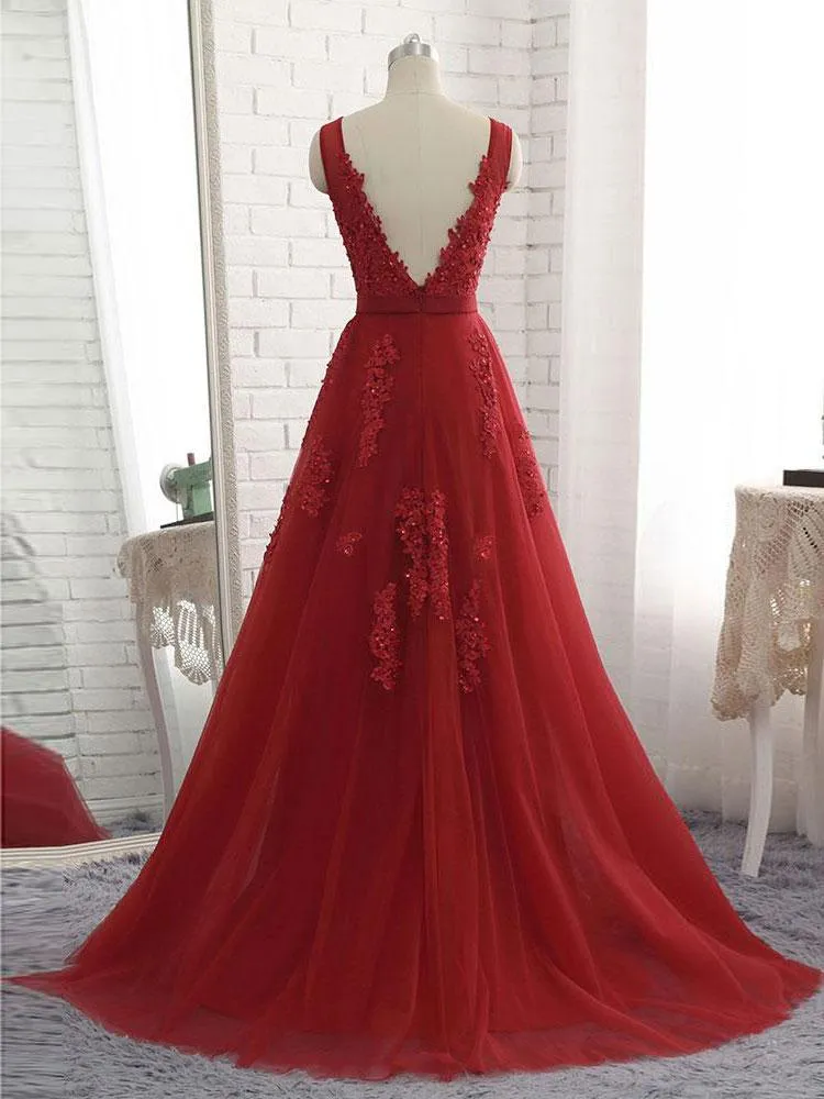 Charming Tulle V-neck Neckline Chapel Train A-line Prom Dresses With Beaded Appliques PD031