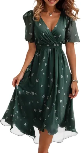 Chiffon Dresses for Women Cocktail 2025 Summer Sexy Wrap Dresses Wedding Guest Womens Midi Flowy Floral Dress