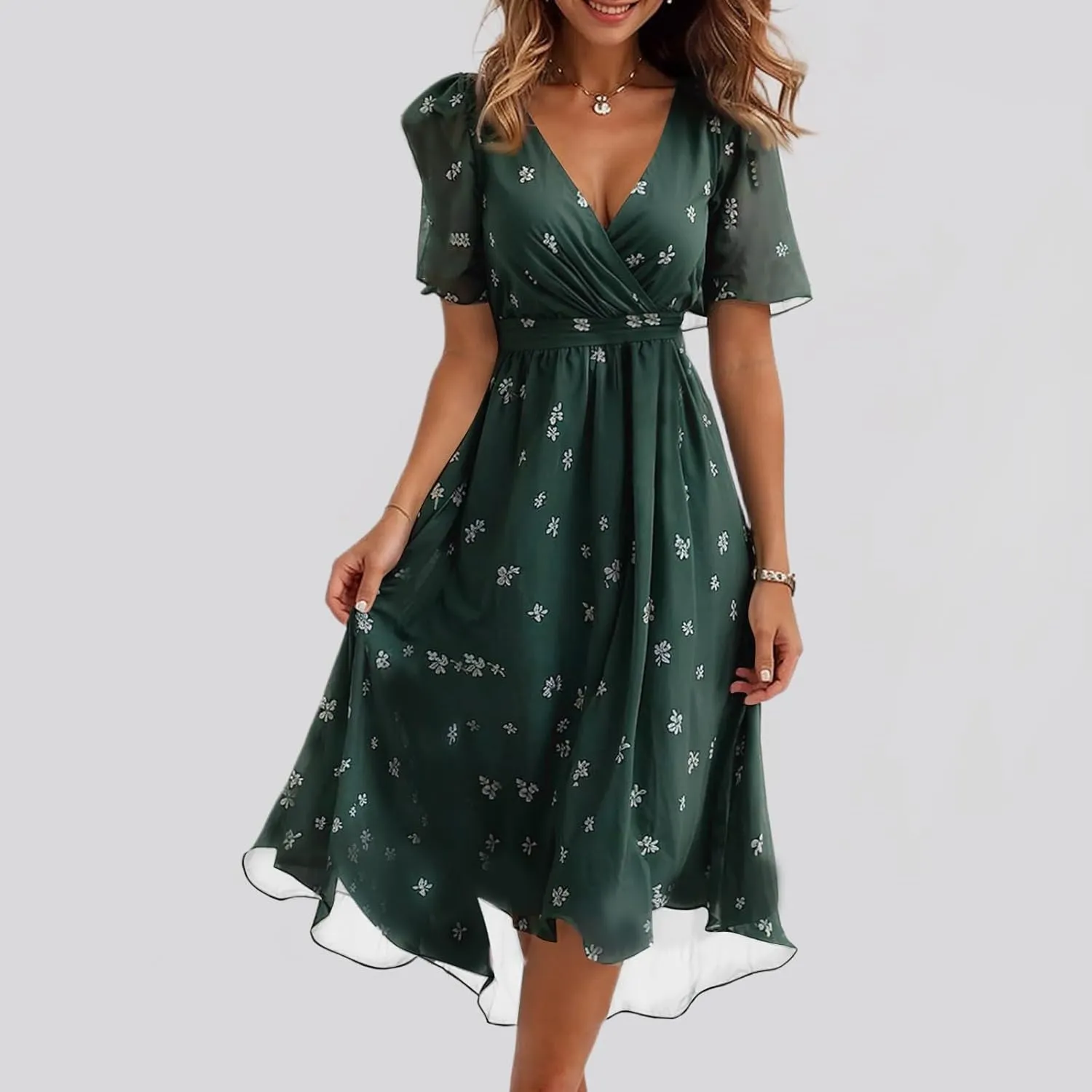 Chiffon Dresses for Women Cocktail 2025 Summer Sexy Wrap Dresses Wedding Guest Womens Midi Flowy Floral Dress
