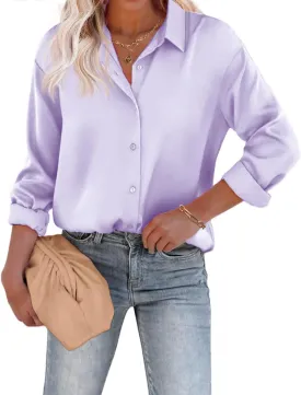 Chigant Women's Blouse Satin Silk Shirts Button Down Shirts Casual Loose Long Sleeve Office Work Tunic Tops