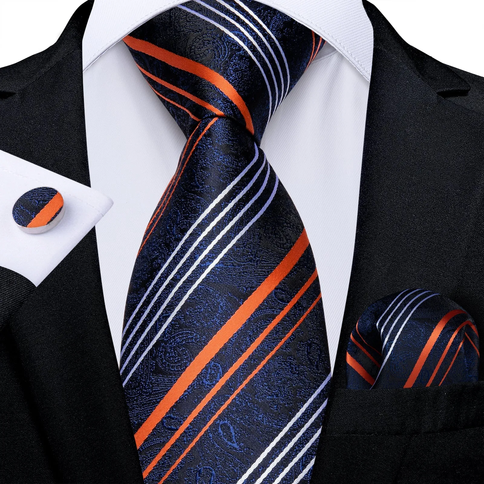 Classic Orange White Stripe Floral Silk Necktie Pocket Square Cufflinks Set