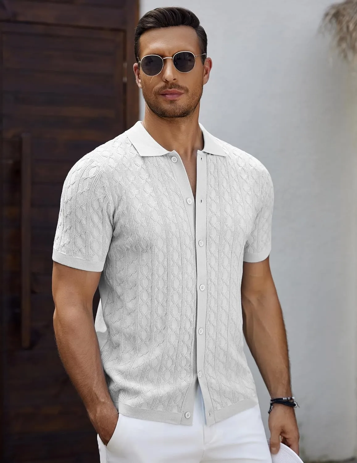 COOFANDY Men's Knit Short Sleeve Shirts Button Down Vintage Knitted Polo Shirt Casual Beach Crochet Cable Vacation Shirt