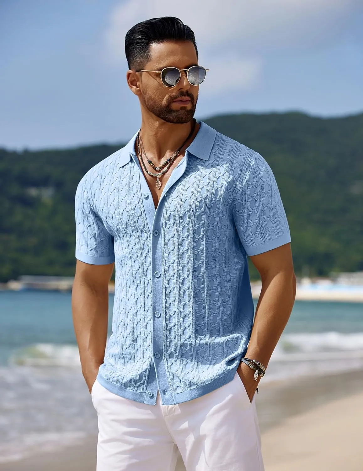 COOFANDY Men's Knit Short Sleeve Shirts Button Down Vintage Knitted Polo Shirt Casual Beach Crochet Cable Vacation Shirt