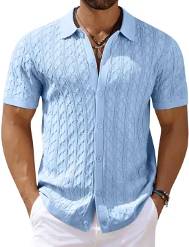 COOFANDY Men's Knit Short Sleeve Shirts Button Down Vintage Knitted Polo Shirt Casual Beach Crochet Cable Vacation Shirt