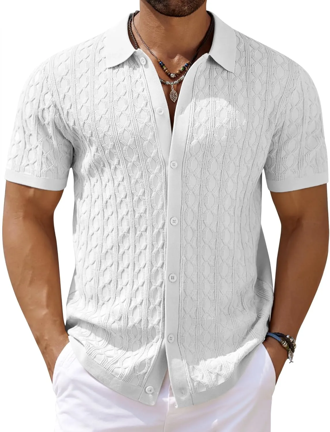 COOFANDY Men's Knit Short Sleeve Shirts Button Down Vintage Knitted Polo Shirt Casual Beach Crochet Cable Vacation Shirt