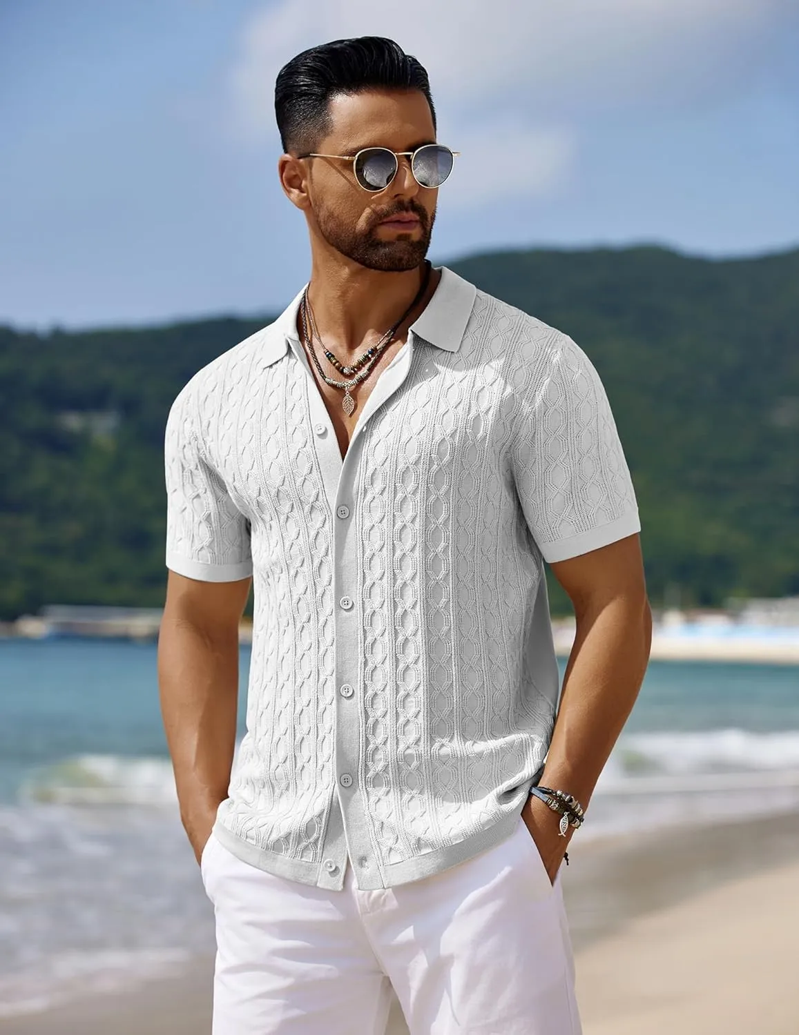 COOFANDY Men's Knit Short Sleeve Shirts Button Down Vintage Knitted Polo Shirt Casual Beach Crochet Cable Vacation Shirt
