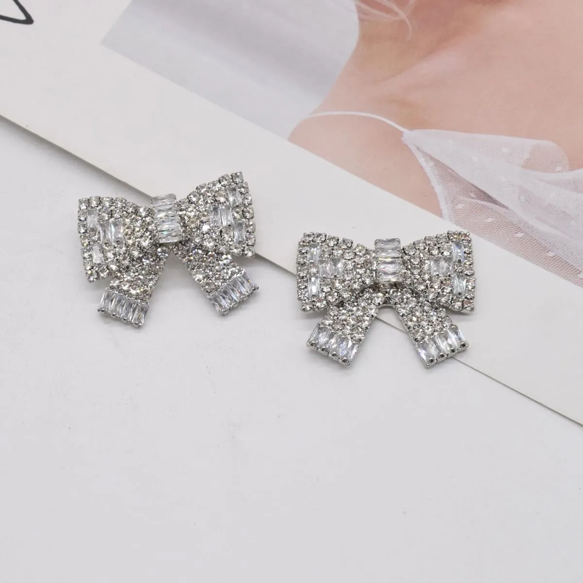 Coquette Silver & Gold Rhinestone Bow Earrings - Long Dangle & Stud Styles for Women - Christmas Jewelry