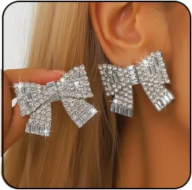 Coquette Silver & Gold Rhinestone Bow Earrings - Long Dangle & Stud Styles for Women - Christmas Jewelry