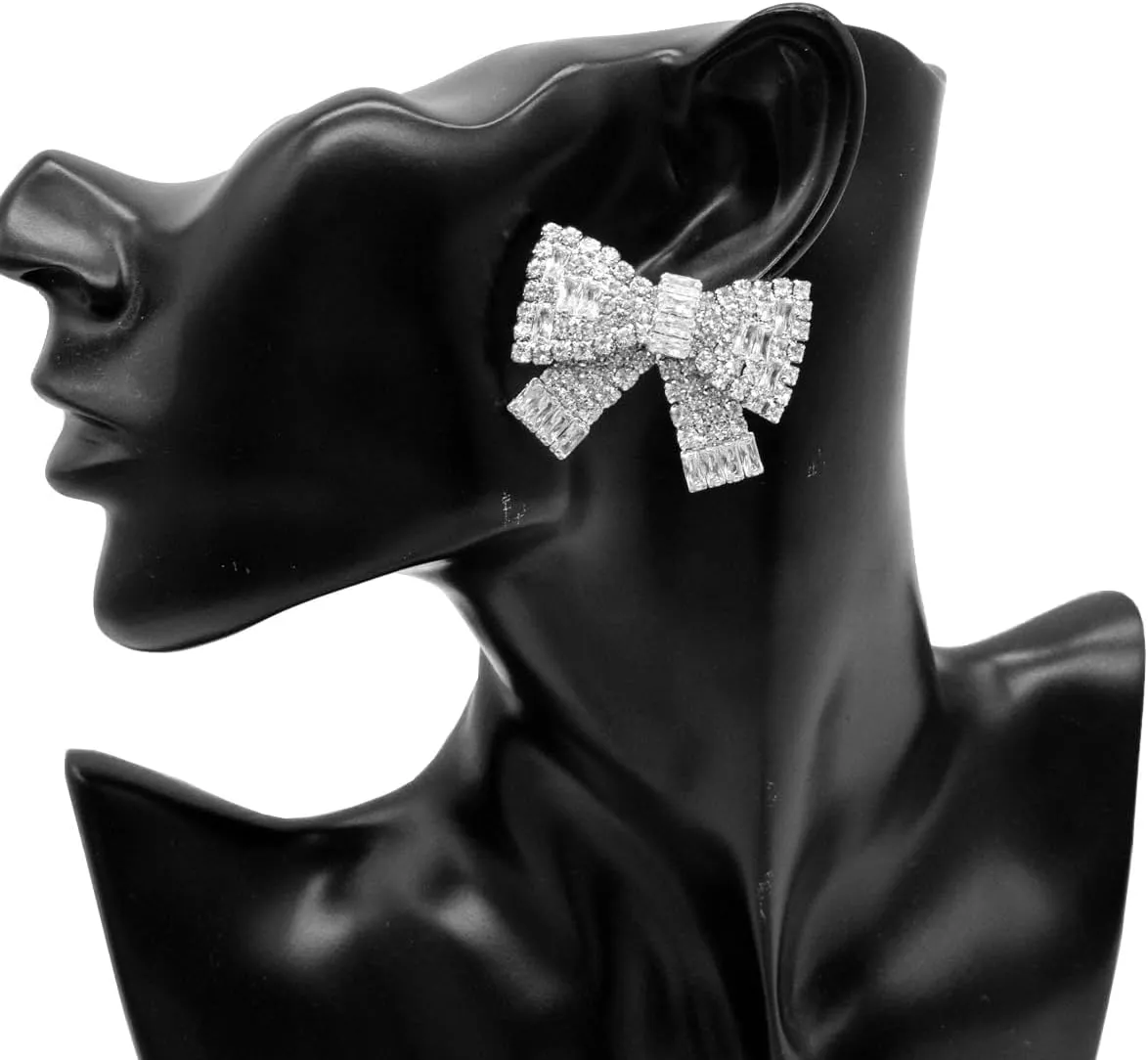 Coquette Silver & Gold Rhinestone Bow Earrings - Long Dangle & Stud Styles for Women - Christmas Jewelry