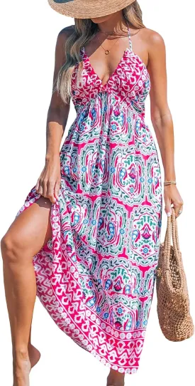 CUPSHE Women Backless Floral Summer Dress Plunging V Halter Neck Spaghetti Strap Ruffle Casual Beach Holiday Maxi Dress