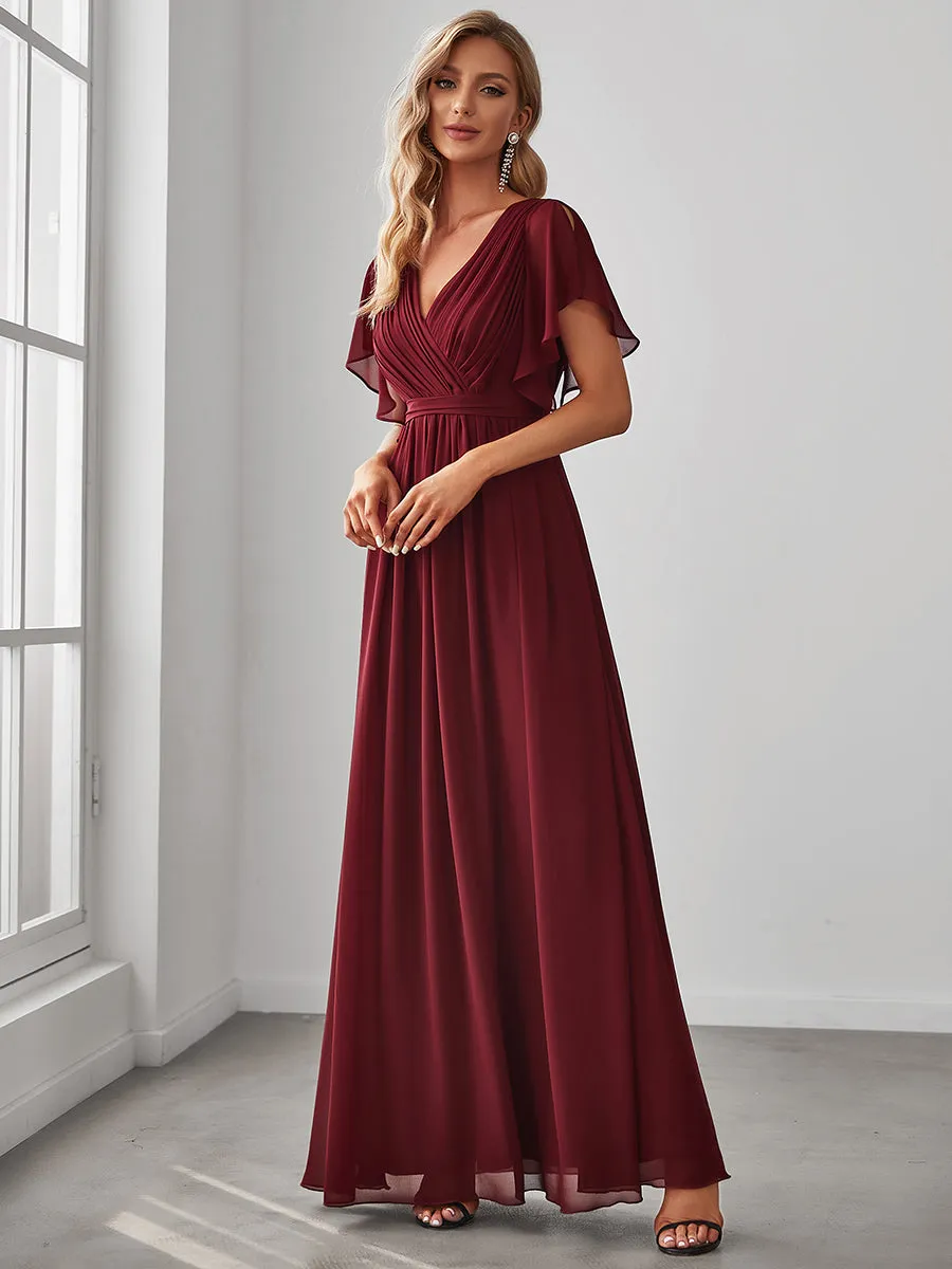 Custom Size A Line Wholesale Bridesmaid Dresses with Deep V Neck Ruffles Sleeves
