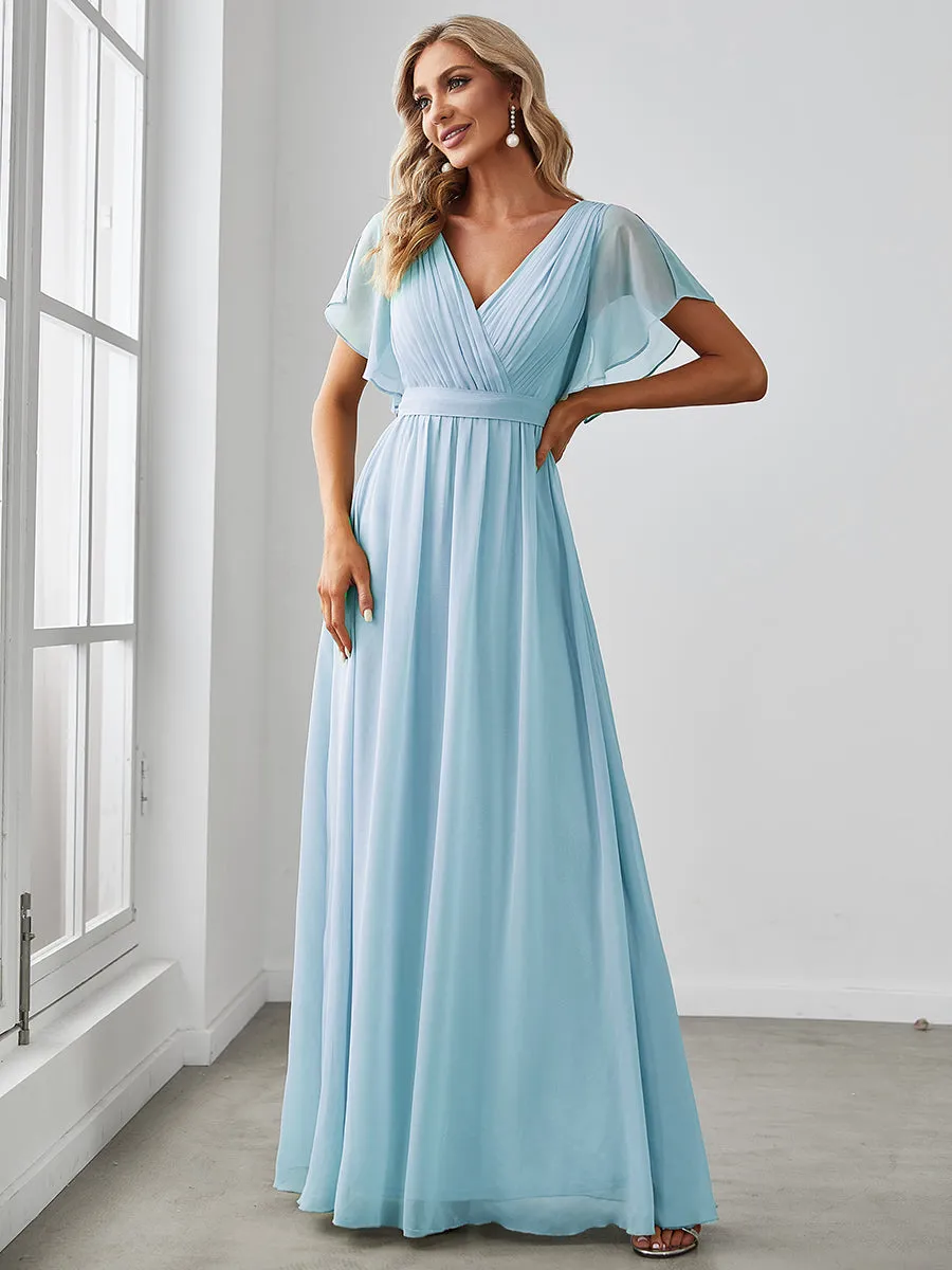 Custom Size A Line Wholesale Bridesmaid Dresses with Deep V Neck Ruffles Sleeves