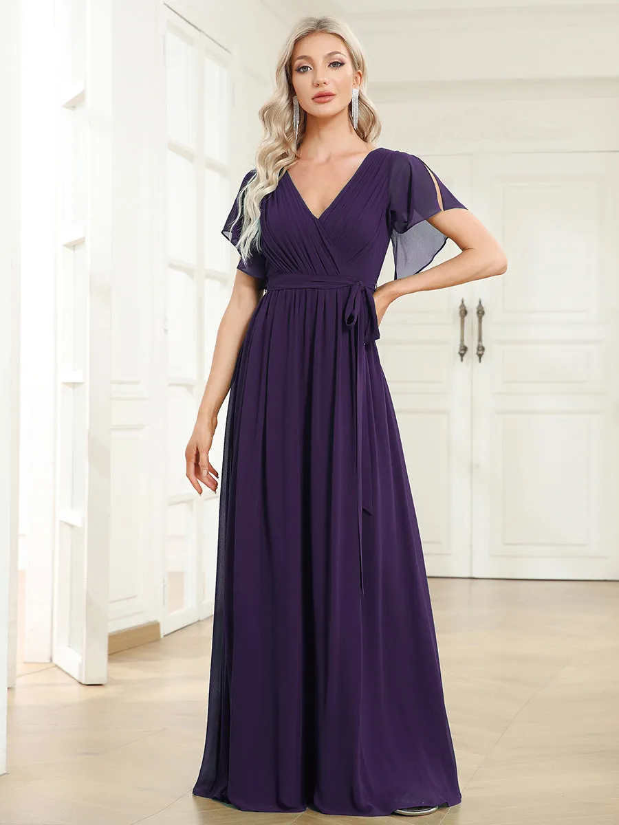 Custom Size A Line Wholesale Bridesmaid Dresses with Deep V Neck Ruffles Sleeves