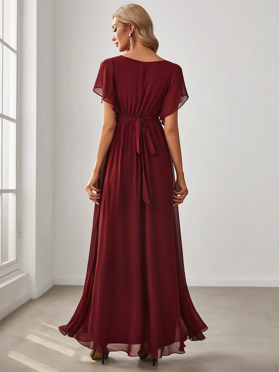 Custom Size A Line Wholesale Bridesmaid Dresses with Deep V Neck Ruffles Sleeves