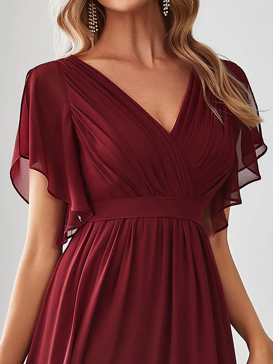 Custom Size A Line Wholesale Bridesmaid Dresses with Deep V Neck Ruffles Sleeves