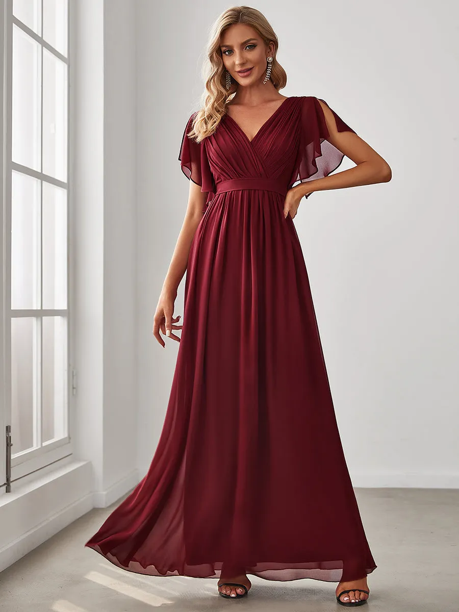Custom Size A Line Wholesale Bridesmaid Dresses with Deep V Neck Ruffles Sleeves