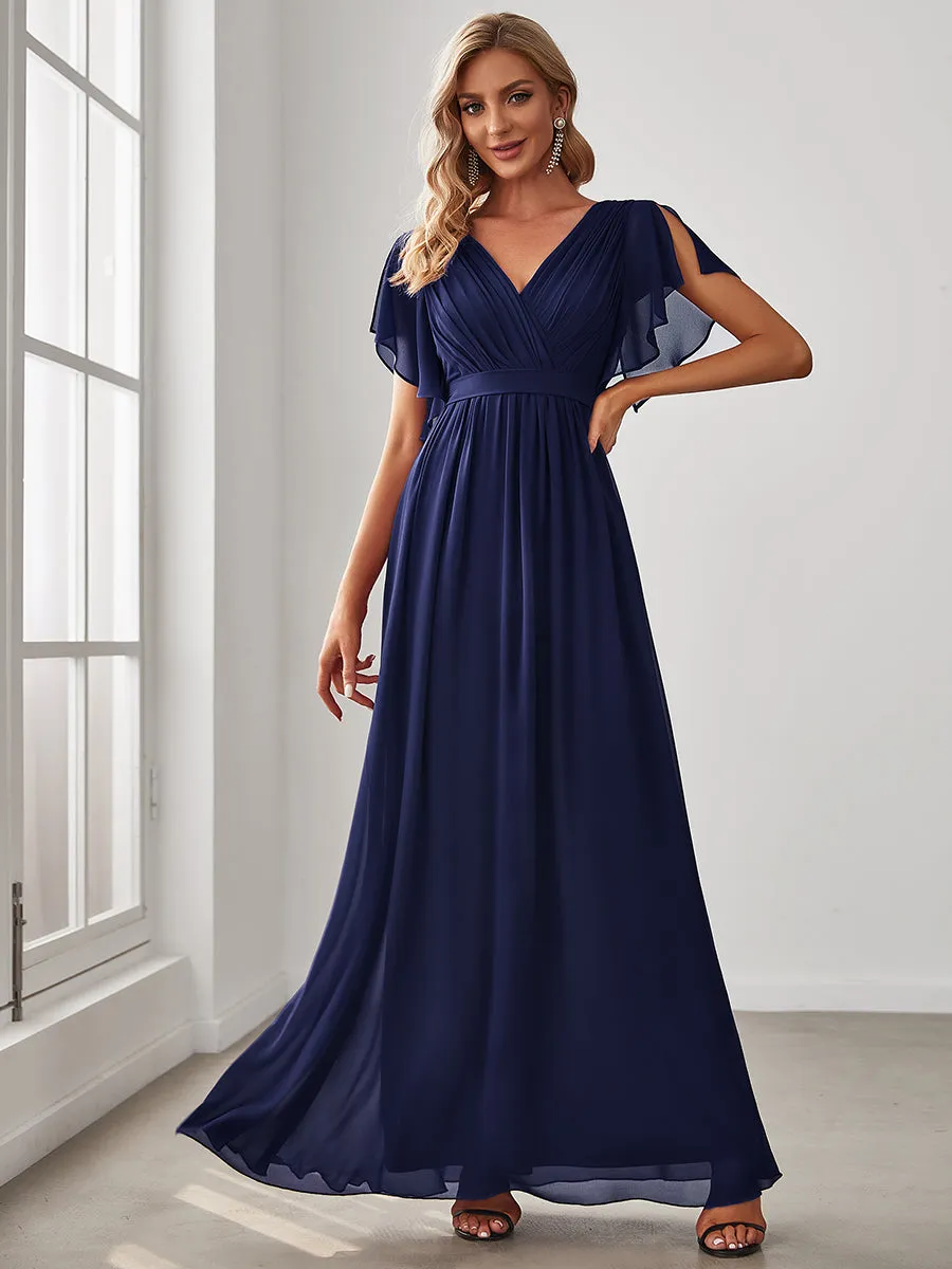 Custom Size A Line Wholesale Bridesmaid Dresses with Deep V Neck Ruffles Sleeves