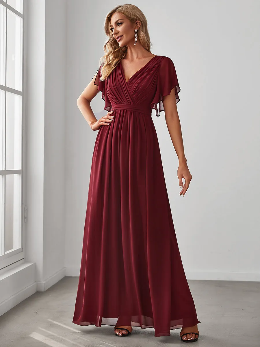 Custom Size A Line Wholesale Bridesmaid Dresses with Deep V Neck Ruffles Sleeves