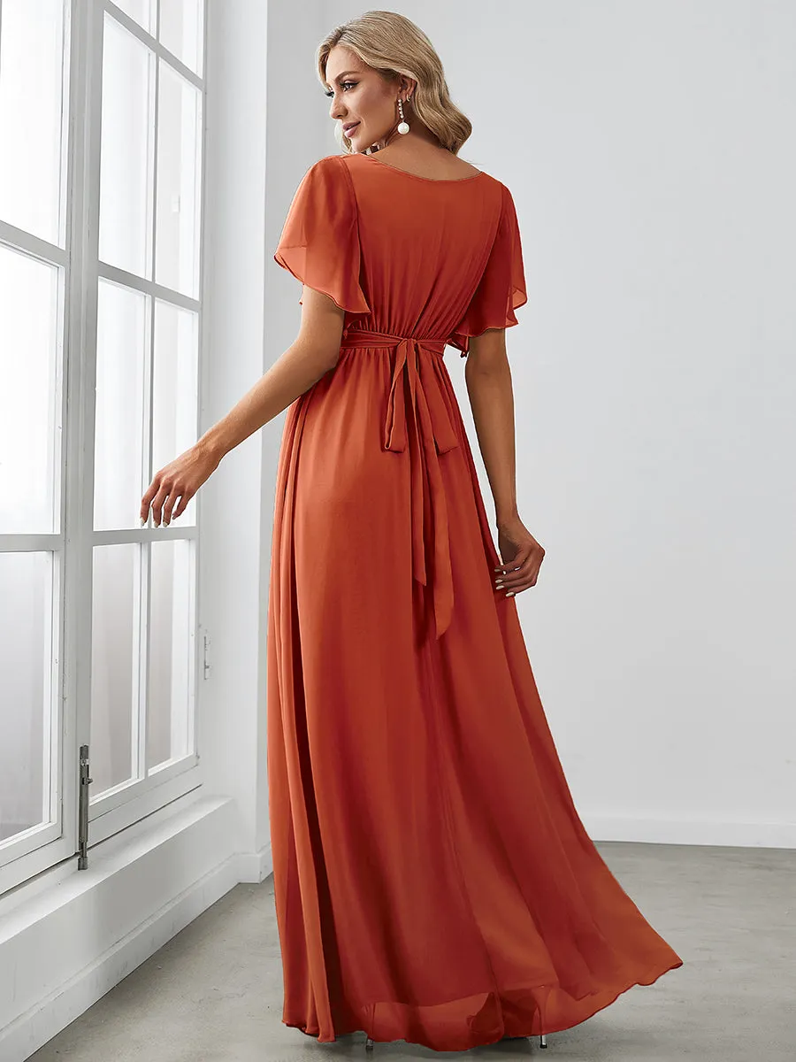 Custom Size A Line Wholesale Bridesmaid Dresses with Deep V Neck Ruffles Sleeves