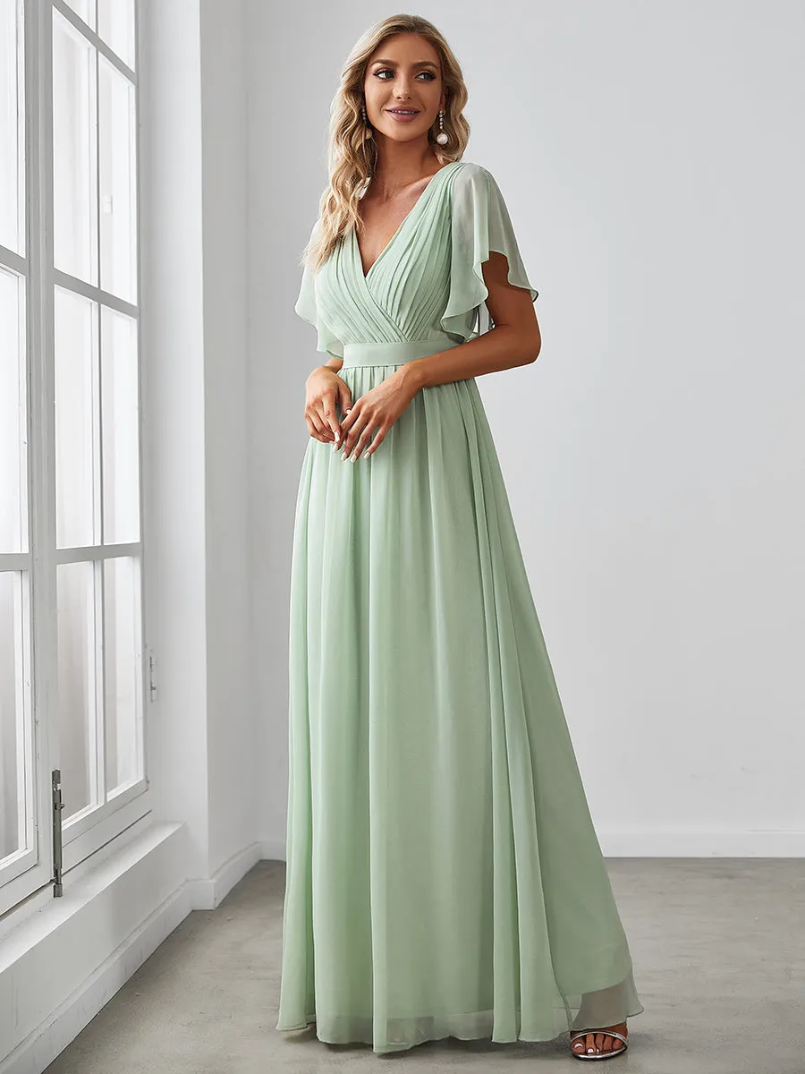 Custom Size A Line Wholesale Bridesmaid Dresses with Deep V Neck Ruffles Sleeves
