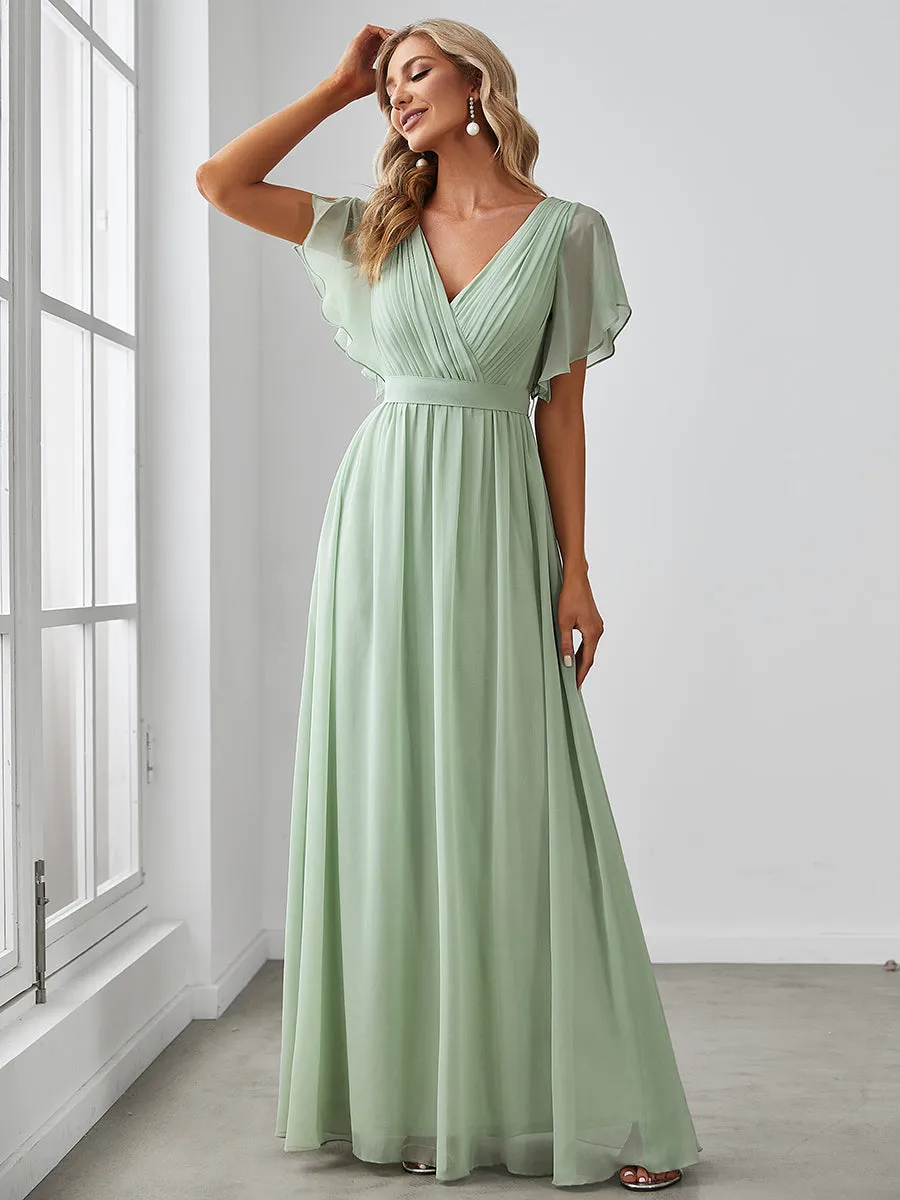 Custom Size A Line Wholesale Bridesmaid Dresses with Deep V Neck Ruffles Sleeves