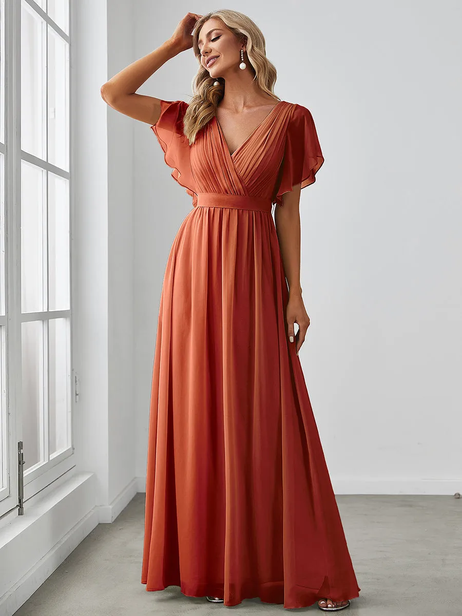 Custom Size A Line Wholesale Bridesmaid Dresses with Deep V Neck Ruffles Sleeves